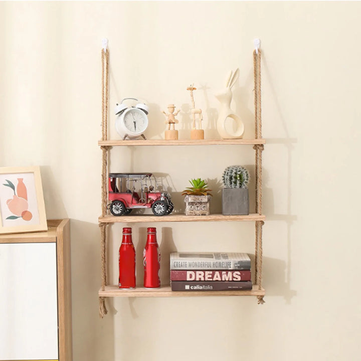 Wooden Hanging Rope Shelves – 1/2/3-Tier Wall Decor