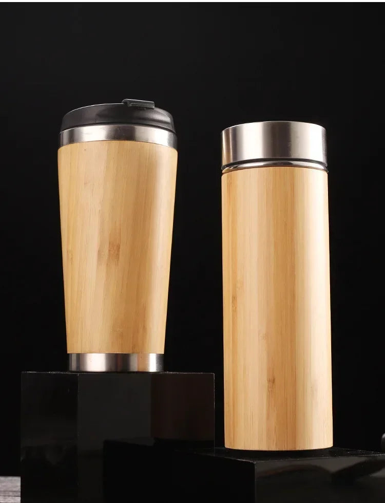 Stainless Steel Bamboo Thermos – 16oz Vacuum Insulated Water Bottle with Flip Lid