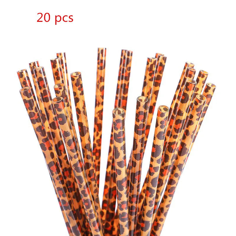10/20pcs Reusable Leopard Print Plastic Straws – 230mm with Cleaning Brush