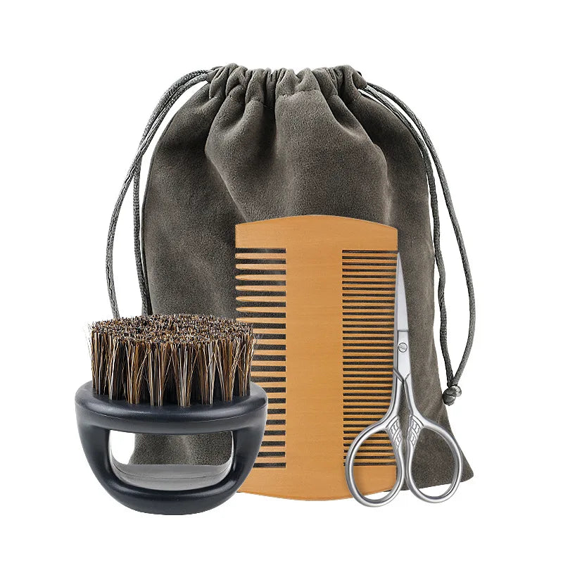 Men’s Shaving Brush Set – Boar Bristle Beard Grooming Kit with Comb & Scissors