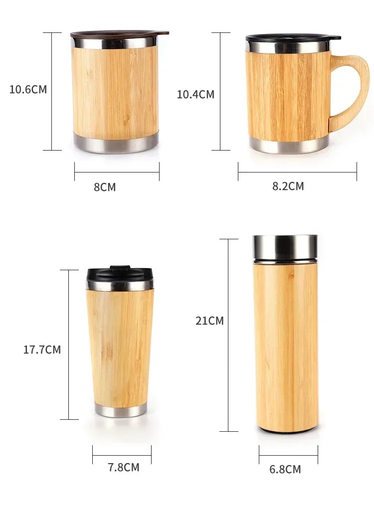 Stainless Steel Bamboo Thermos – 16oz Vacuum Insulated Water Bottle with Flip Lid