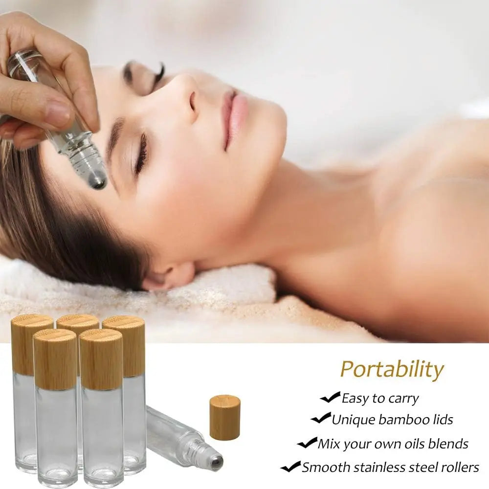 12pcs 10ml Glass Roll-On Bottles – Refillable Essential Oil & Perfume Bottles with Bamboo Lids