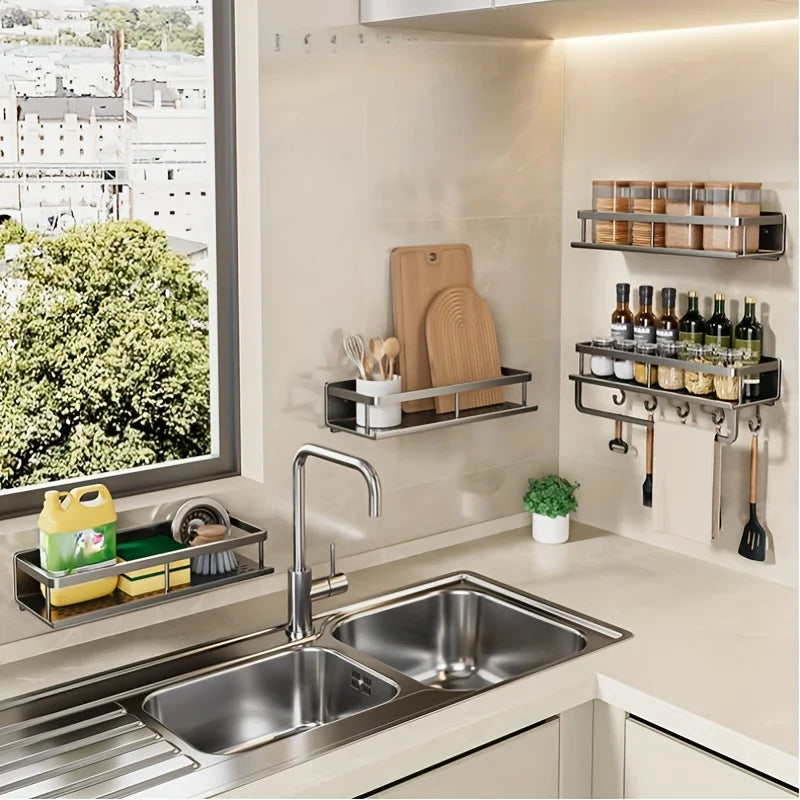 Aluminum Wall-Mounted Shelf – Multifunctional Kitchen Spice Storage Rack, Kitchen Space Management Solution