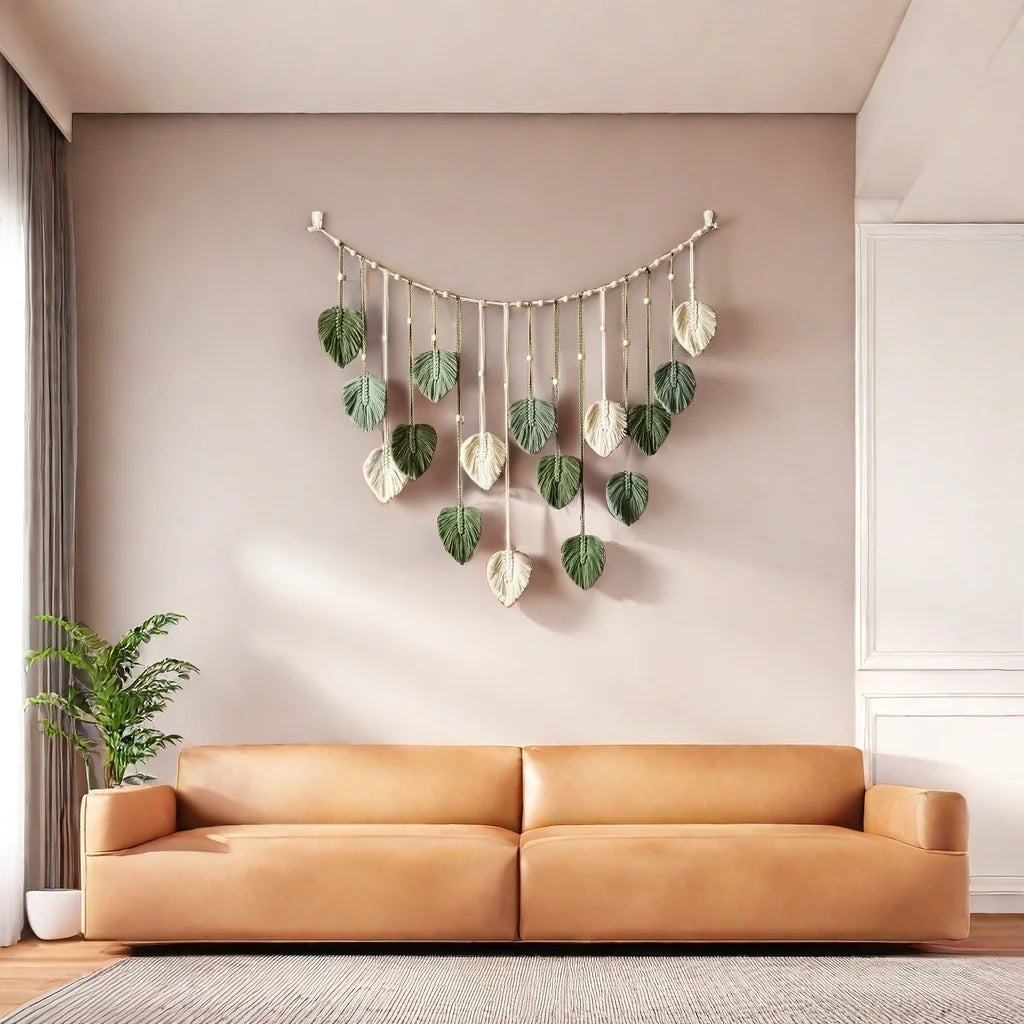 Boho Macramé Leaf Wall Hanging – Feather Tapestry Décor for Living Room or Bedroom