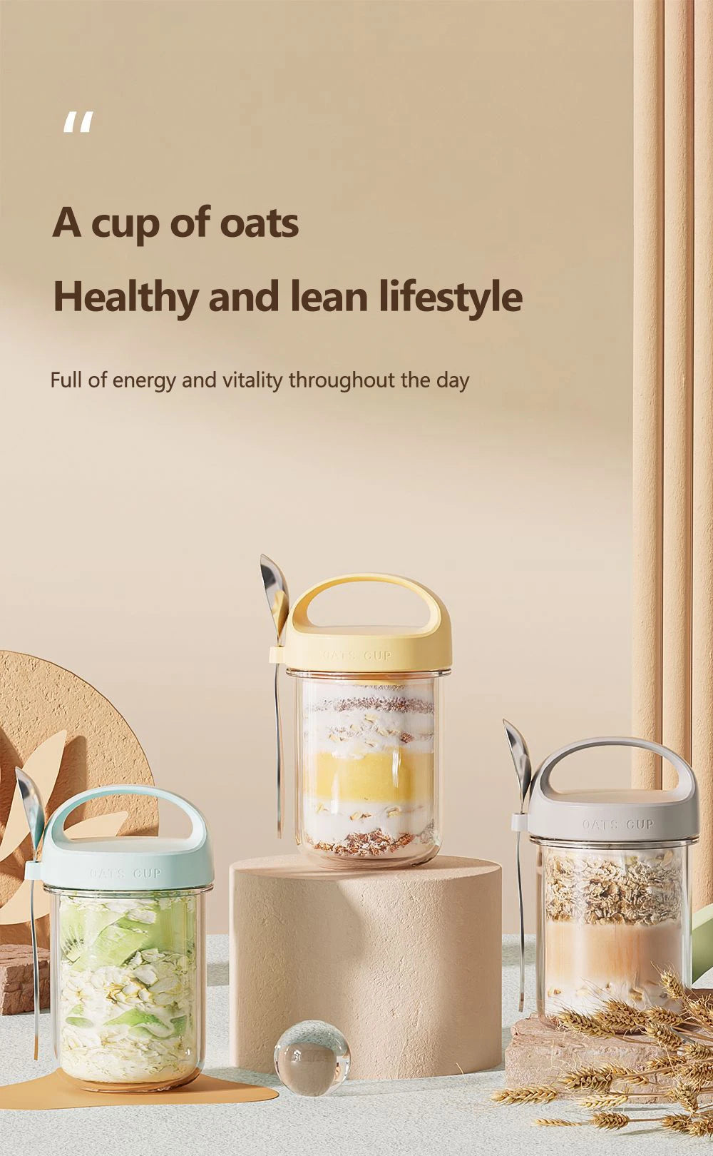430ML New Breakfast Cup – Oatmeal, Cereal, Nut, Yogurt, and Salad Container with Lid & Spoon