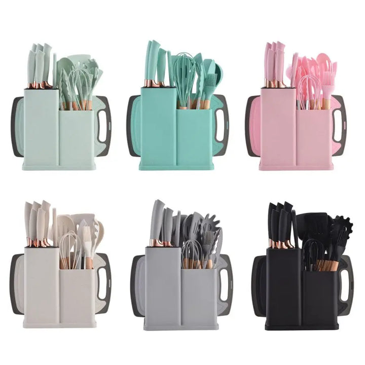 19PCS Food Grade Silicone Kitchenware Set – Cooking Spoons, Shovel, Cutting Board, Knives & More