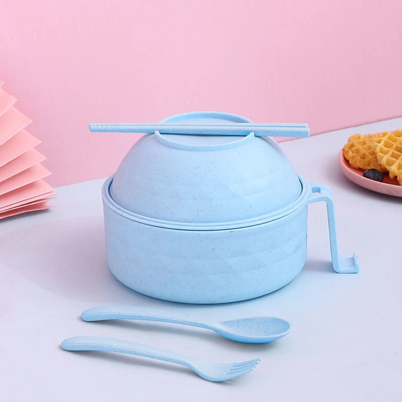 Microwave Ramen Bowl Cooker Set – Wheat Straw Instant Noodles Bowl with Handles, Includes Spoon, Chopsticks, and Fork