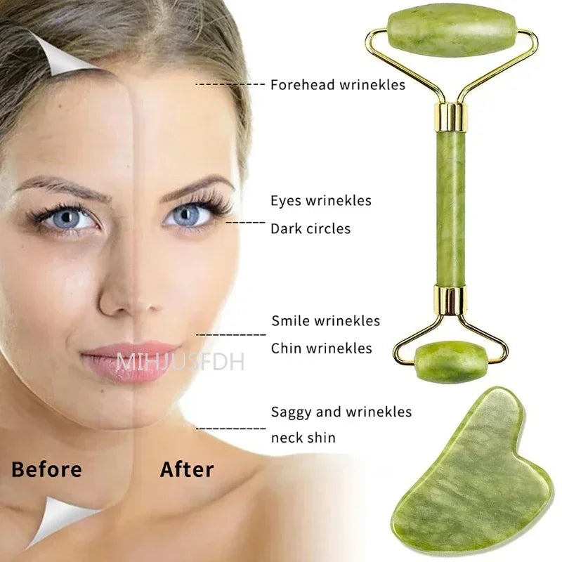 Natural Jade Roller Massager – Face, Body, Back & Foot Massage Roller, Facial Lifting & Anti-Wrinkle Double-End Gua Sha Jade Stone