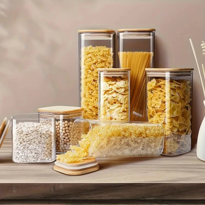 2/4 Pieces, 540ML/1000ML Glass Food Storage Jar with Bamboo Lid – Square Sealed Kitchen Container Set
