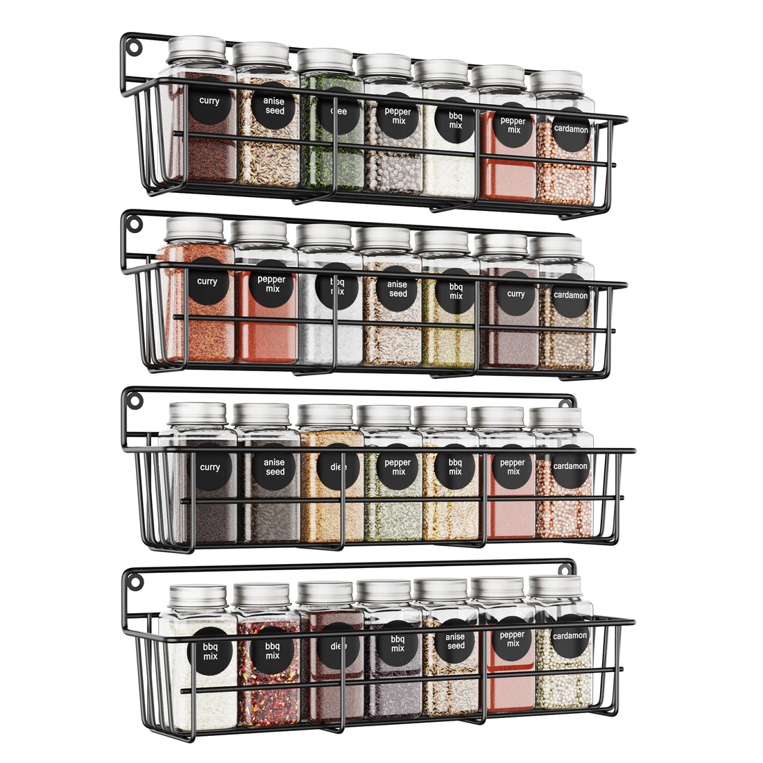 4PCS Kitchen Spice Organizers – Wall Mount Hanging Pantry Shelf, Multilayer Seasoning Rack for Cabinet, Black Metal Basket