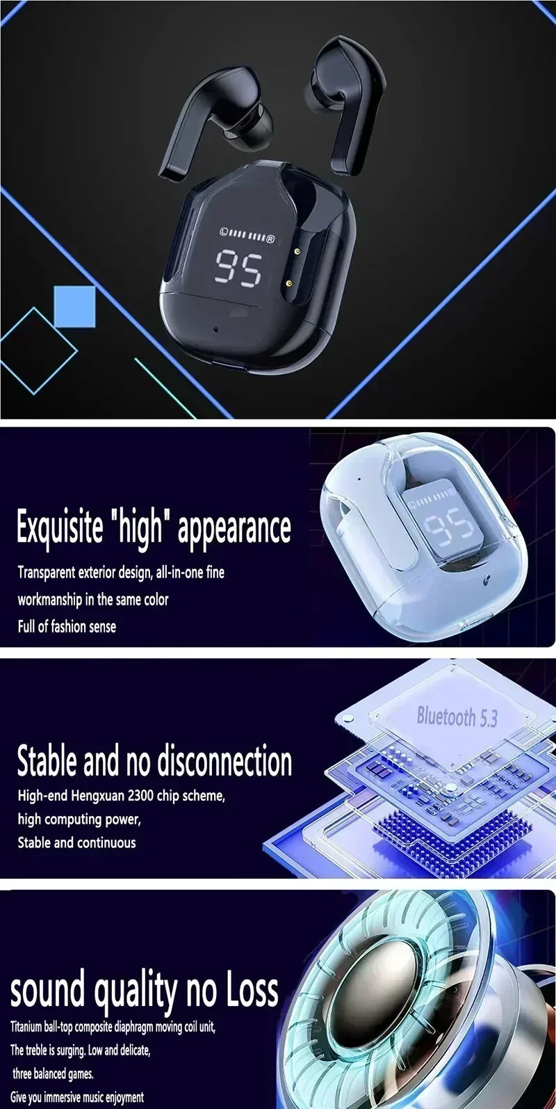 T2 TWS Transparent Wireless Earbuds – Bluetooth Headset with Digital Display & Stereo Sound