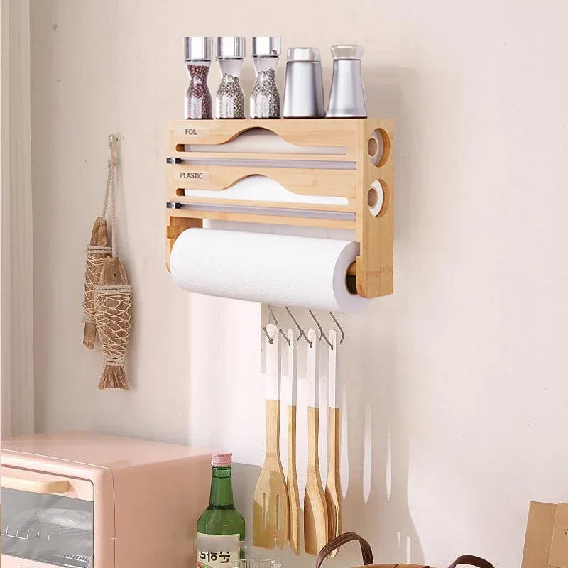Bamboo Compartment Cling Film and Tin Foil Cutter Box – Wall-Mounted Paper Towel and Kitchen Organizer