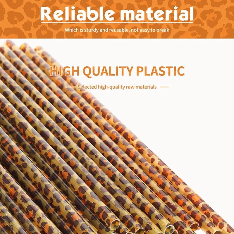 10/20pcs Reusable Leopard Print Plastic Straws – 230mm with Cleaning Brush