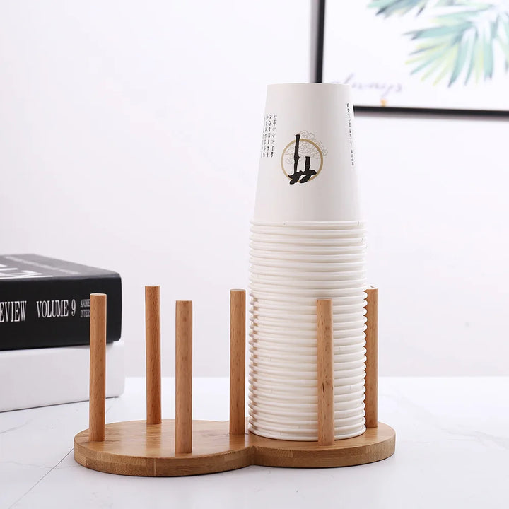 1PC Bamboo Wooden Cup Storage Rack – Creative Round Desktop Holder for Disposable Paper Cups
