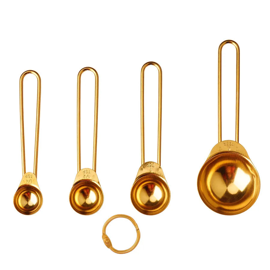 4PCS/8PCS Titanium Gold Stainless Steel Measuring Cup and Spoon Set – Kitchen Thread Handle for Flour, Grains, and Baking