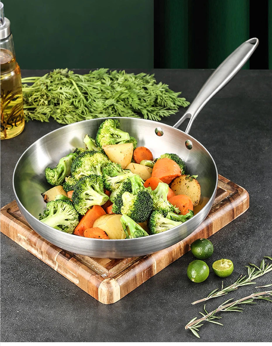 304 Stainless Steel Frying Pan – Non-Stick Pan for Fried Steak, Uncoated Kitchen Cookware for Gas Stoves and Induction Cookers