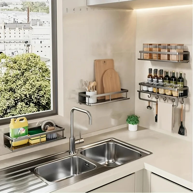 Aluminum Wall-Mounted Shelf – Multifunctional Kitchen Spice Storage Rack, Kitchen Space Management Solution