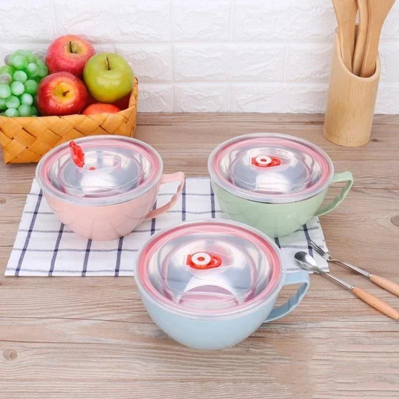 Stainless Steel Bowl with Handle – Solid Color, Anti-Scalding Design