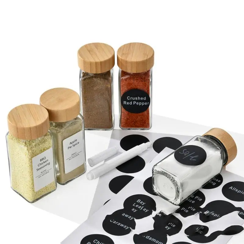 Glass Spice Jars with Bamboo Lids – Spice Seasoning Containers, Salt & Pepper Shakers, Spice Organizer Set
