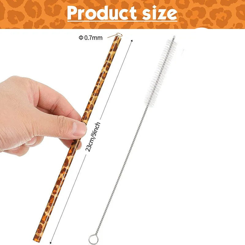 10/20pcs Reusable Leopard Print Plastic Straws – 230mm with Cleaning Brush