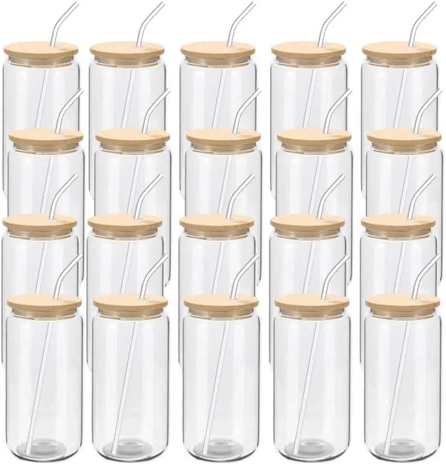 20-Pack Glass Cups with Bamboo Lids and Glass Straws – 16oz Beer Can Shaped Drinking Glasses