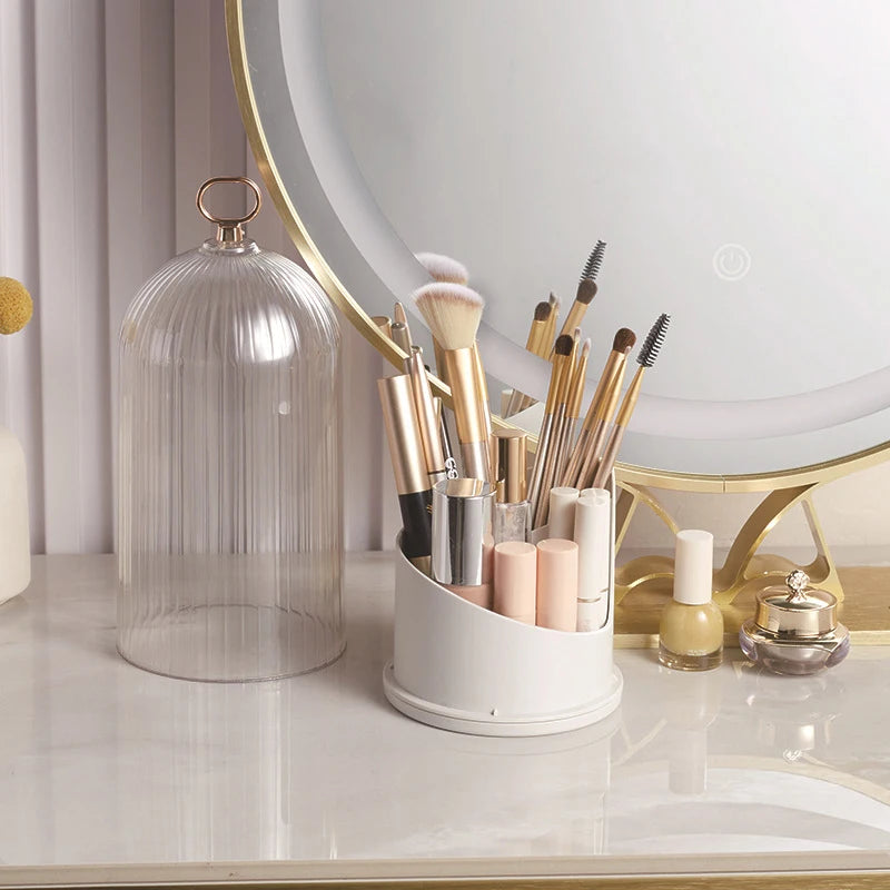 360° Rotating Makeup Brush Holder with Lid – Desktop Makeup Organizer, Cosmetic Storage Box for Lipstick, Eyebrow Tools & More