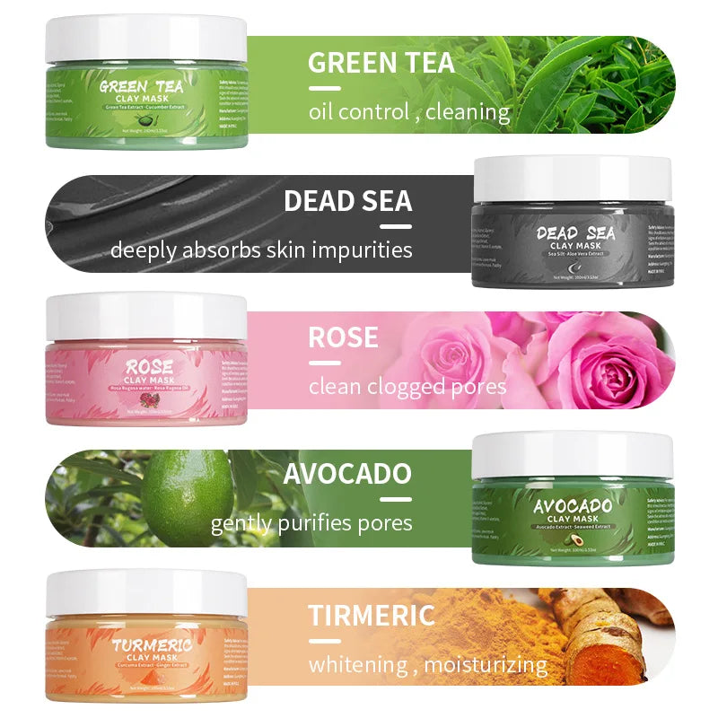 Clay Mud Face Mask Set – Turmeric, Green Tea, Rose & Avocado