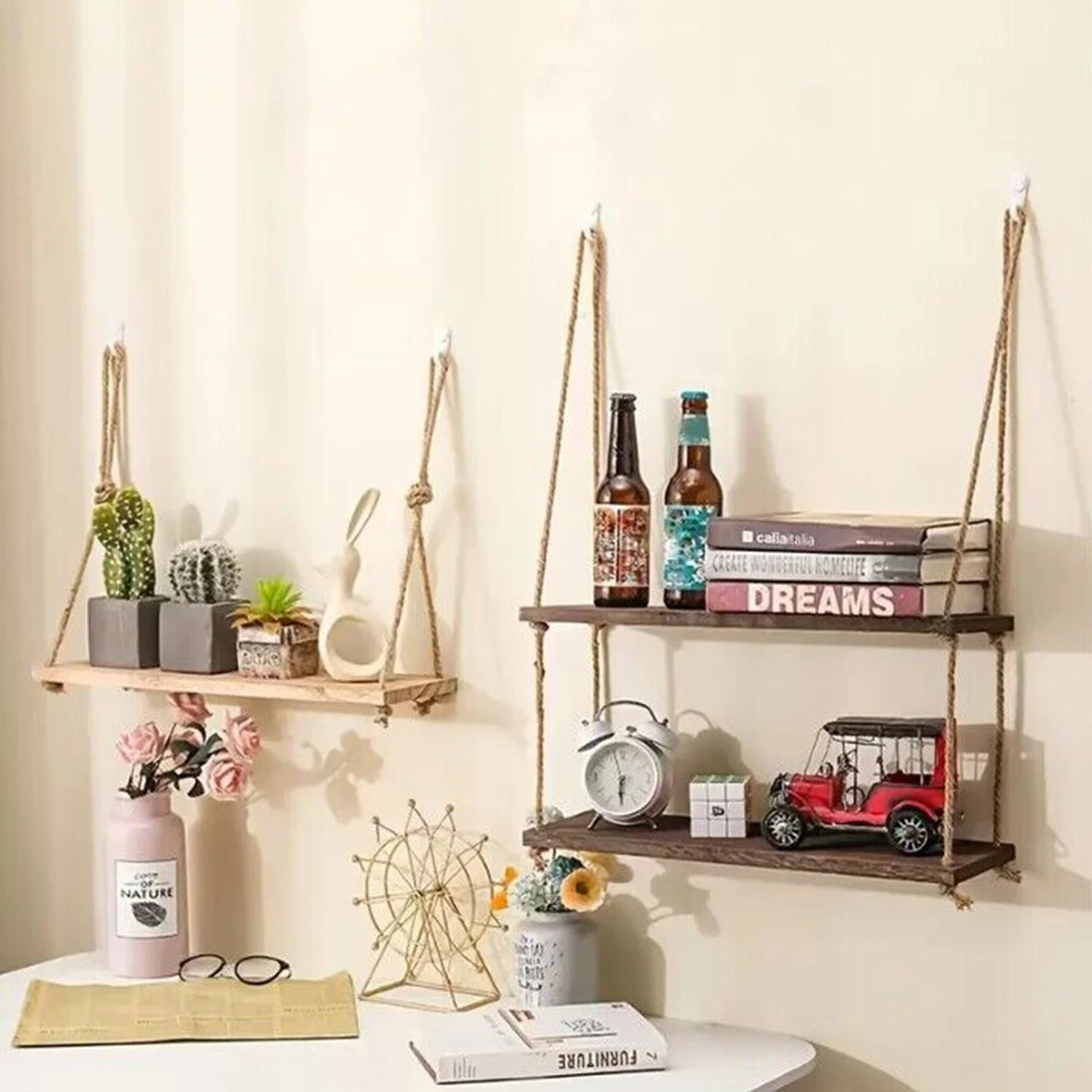 Wooden Hanging Rope Shelves – 1/2/3-Tier Wall Decor