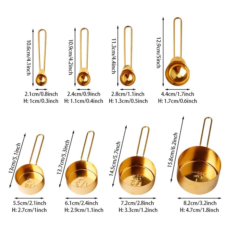 4PCS/8PCS Titanium Gold Stainless Steel Measuring Cup and Spoon Set – Kitchen Thread Handle for Flour, Grains, and Baking
