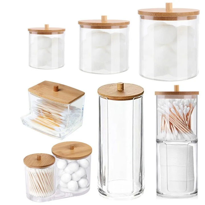 Cotton Swab Organizer with Bamboo Cover – Acrylic Round Makeup Storage Box