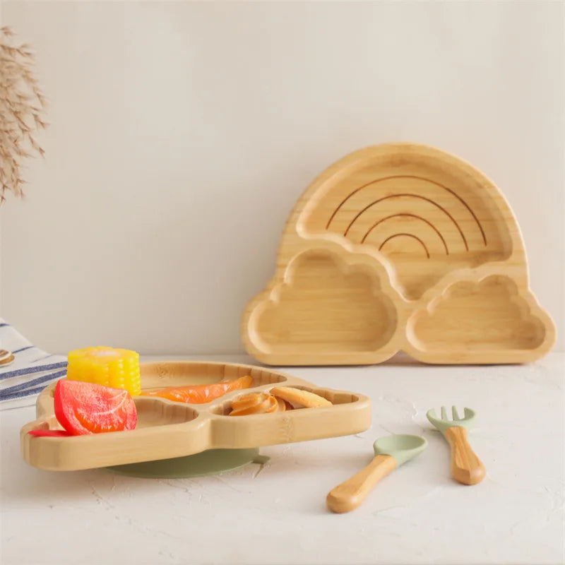 Baby Wooden Tableware Set - Bamboo Plate, Bowl, Fork & Spoon