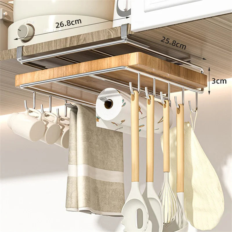 Stainless Steel Kitchen Hanging Organizer Rack – Hooks, Towel Bar, Pot Lid & Cutting Board Storage