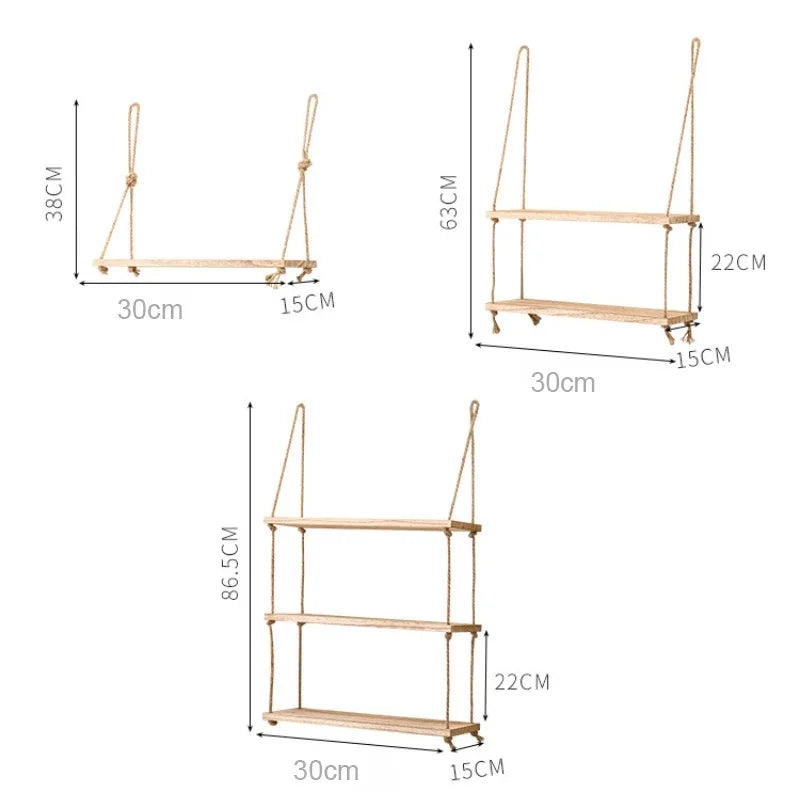 Wooden Hanging Rope Shelves – 1/2/3-Tier Wall Decor