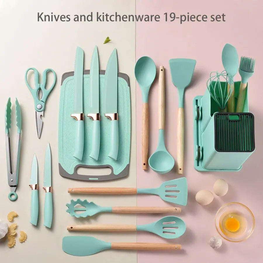 19PCS Food Grade Silicone Kitchenware Set – Cooking Spoons, Shovel, Cutting Board, Knives & More