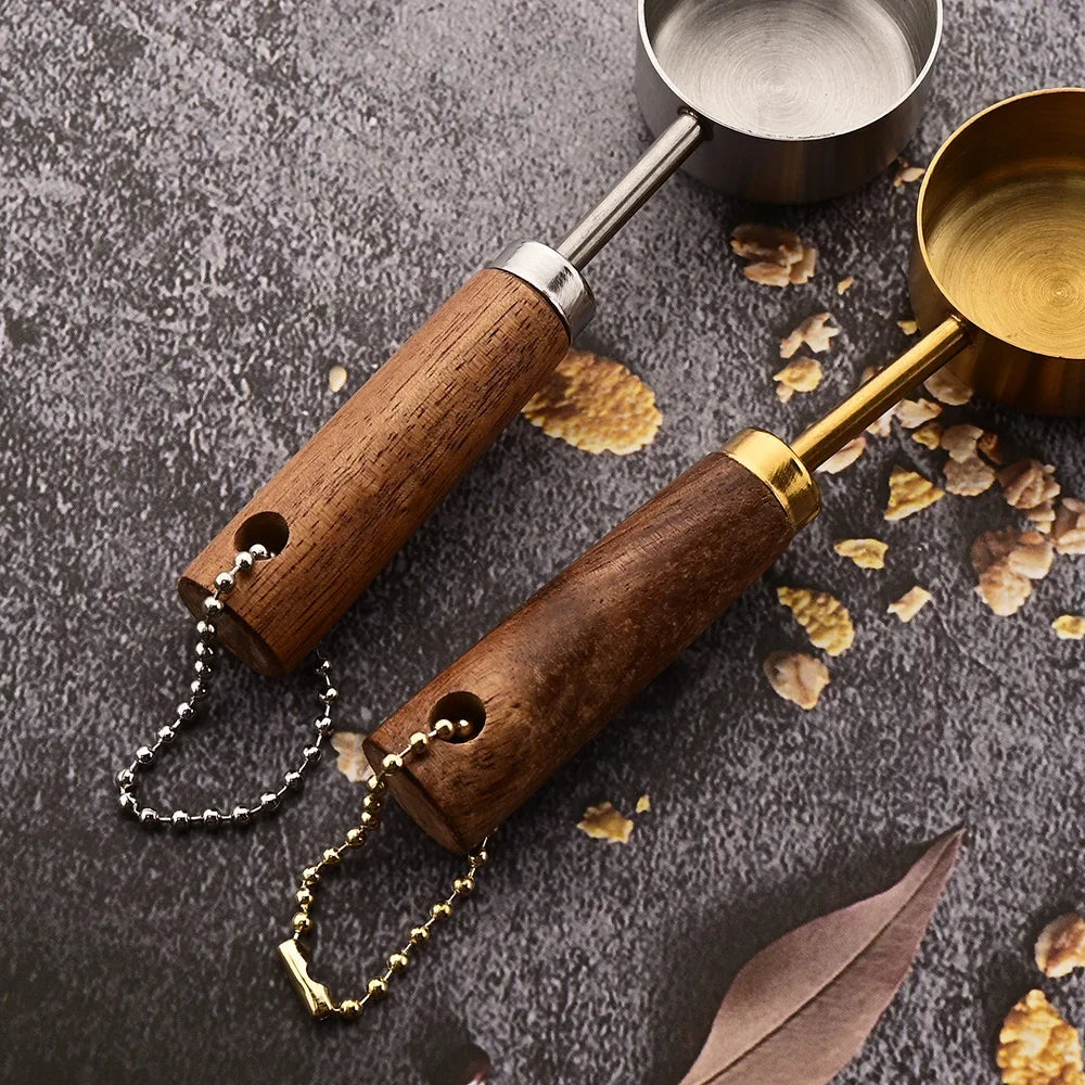 1/4/8PCS Measuring Cup Spoon Set – Stainless Steel with Wooden Handle, Coffee, Flour, Bartending & Kitchen Cooking Gadget