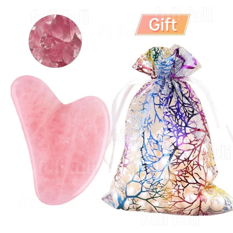 Rose Quartz Powder Crystal Jade Roller & Gua Sha Set – Natural Stone Beauty Tool for Facial Lift