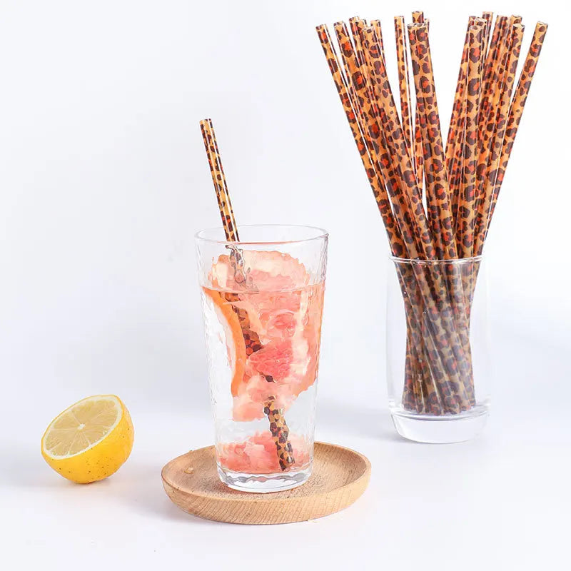 10/20pcs Reusable Leopard Print Plastic Straws – 230mm with Cleaning Brush