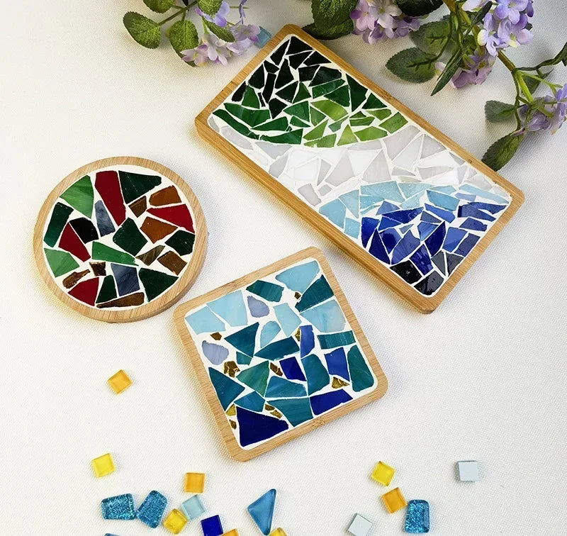 Handmade DIY Mosaic Cup Mat – Bamboo Pad Heart & Square Coaster for Parent-Child Early Education Crafting