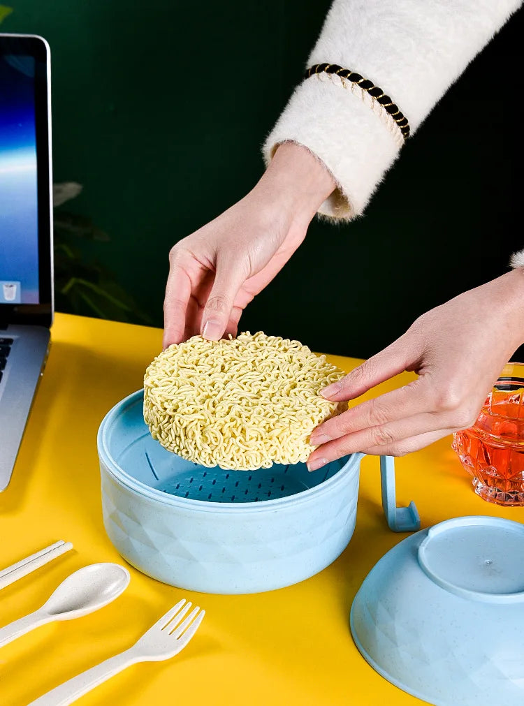 Microwave Ramen Bowl Cooker Set – Wheat Straw Instant Noodles Bowl with Handles, Includes Spoon, Chopsticks, and Fork