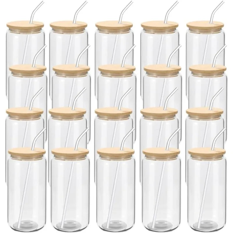 20-Pack Glass Cups with Bamboo Lids and Glass Straws – 16oz Beer Can Shaped Drinking Glasses