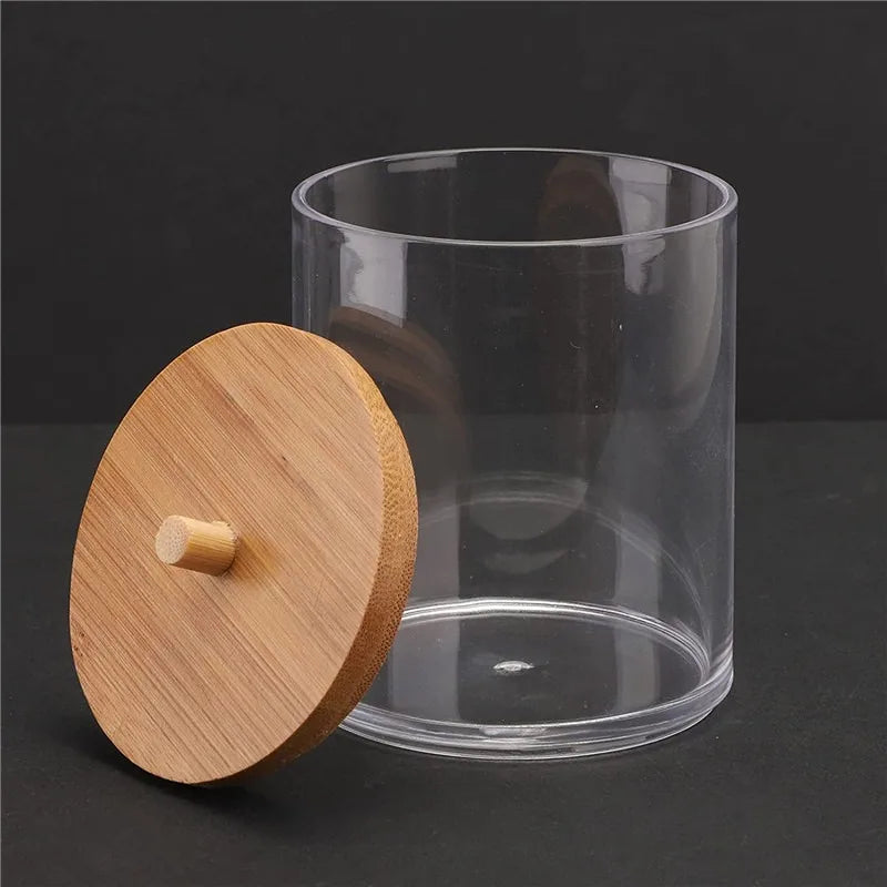 Cotton Swab Organizer with Bamboo Cover – Acrylic Round Makeup Storage Box
