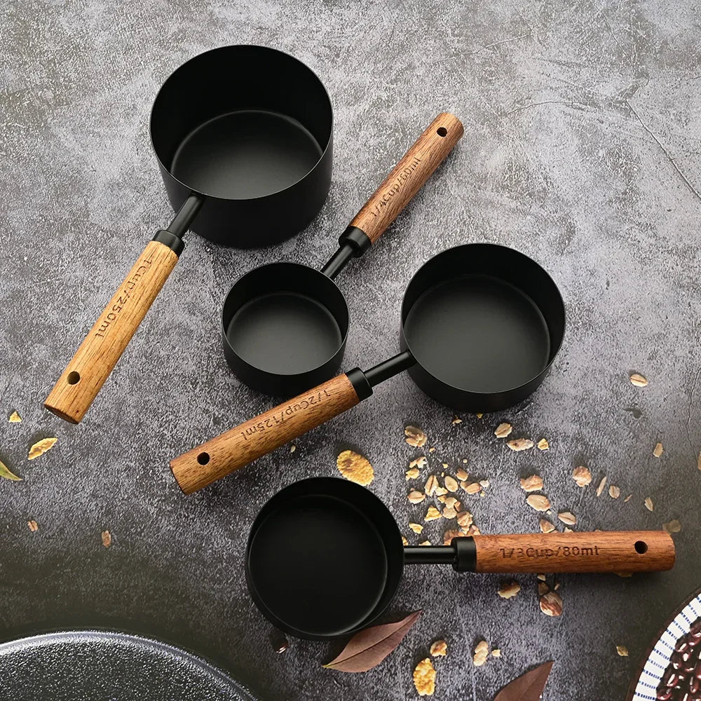 1/4/8PCS Measuring Cup Spoon Set – Stainless Steel with Wooden Handle, Coffee, Flour, Bartending & Kitchen Cooking Gadget