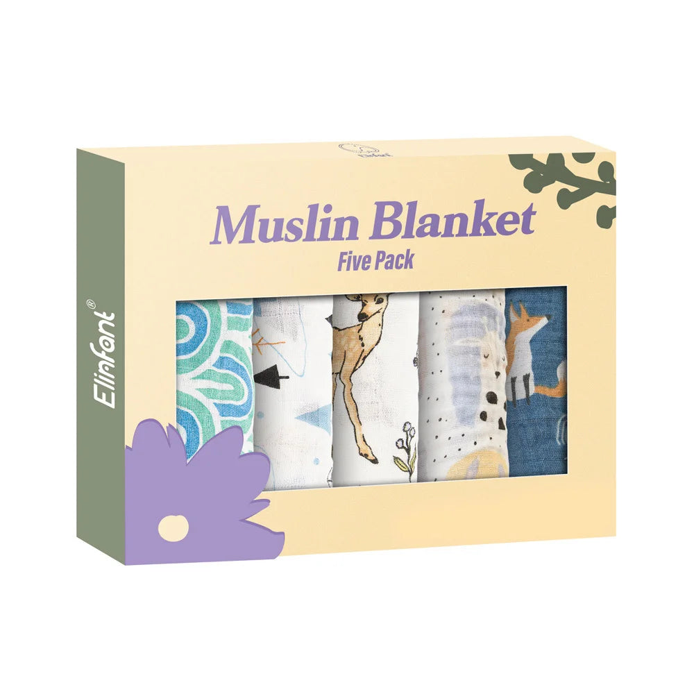 5PCS Gift Set Bamboo Cotton Muslin Bib & Burp Cloth – 60x60cm, 2 Layers Baby Scarf Handkerchief