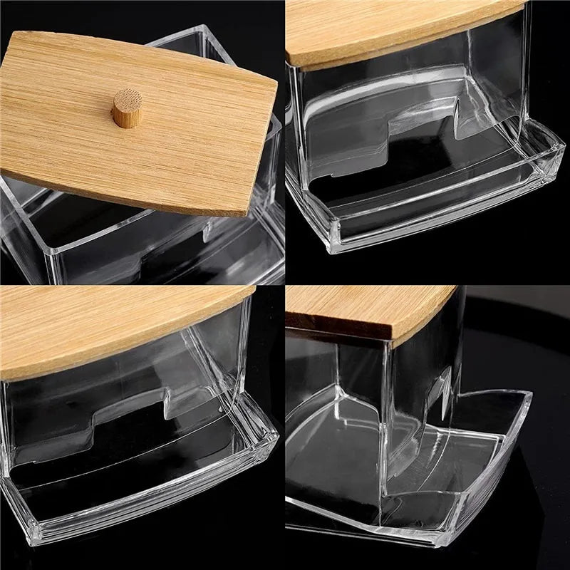Cotton Swab Organizer with Bamboo Cover – Acrylic Round Makeup Storage Box