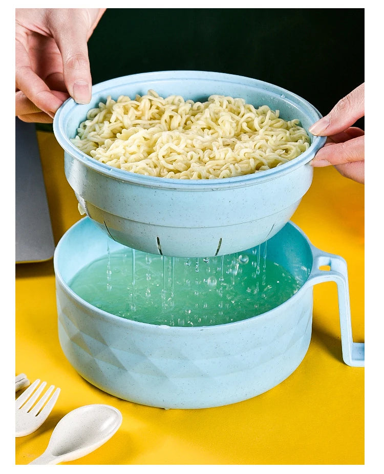 Microwave Ramen Bowl Cooker Set – Wheat Straw Instant Noodles Bowl with Handles, Includes Spoon, Chopsticks, and Fork