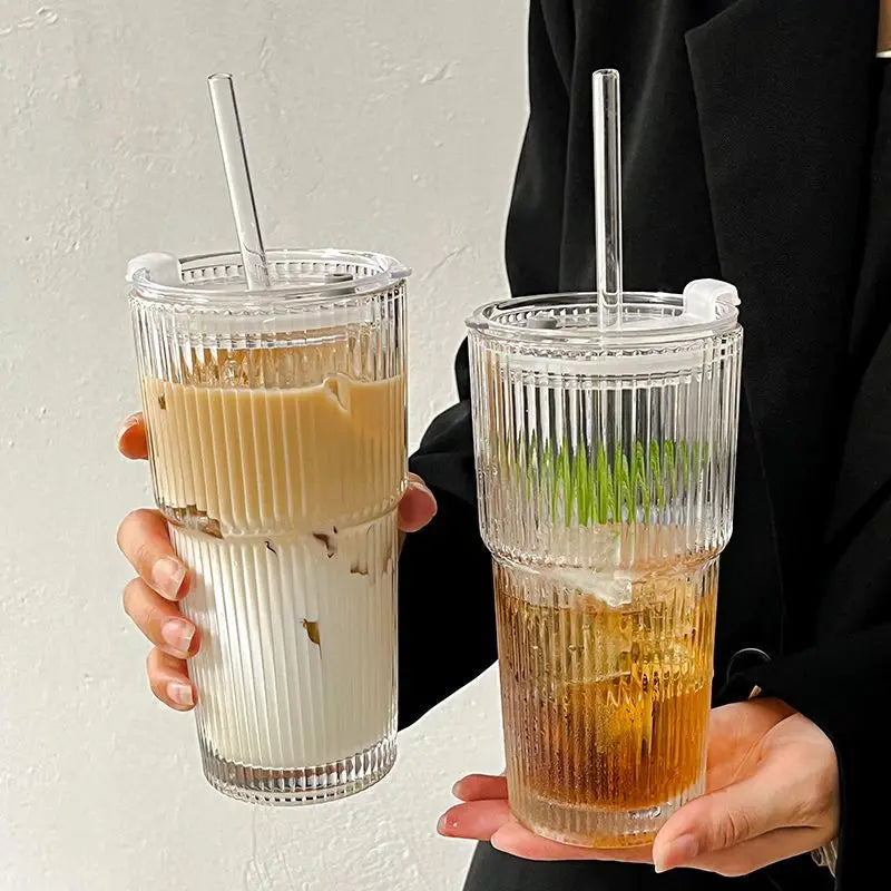 600ML Stripe Glass Coffee Cup with Lid and Straw – Transparent Drinking Glass for Juice, Milk, Tea, and Iced Coffee
