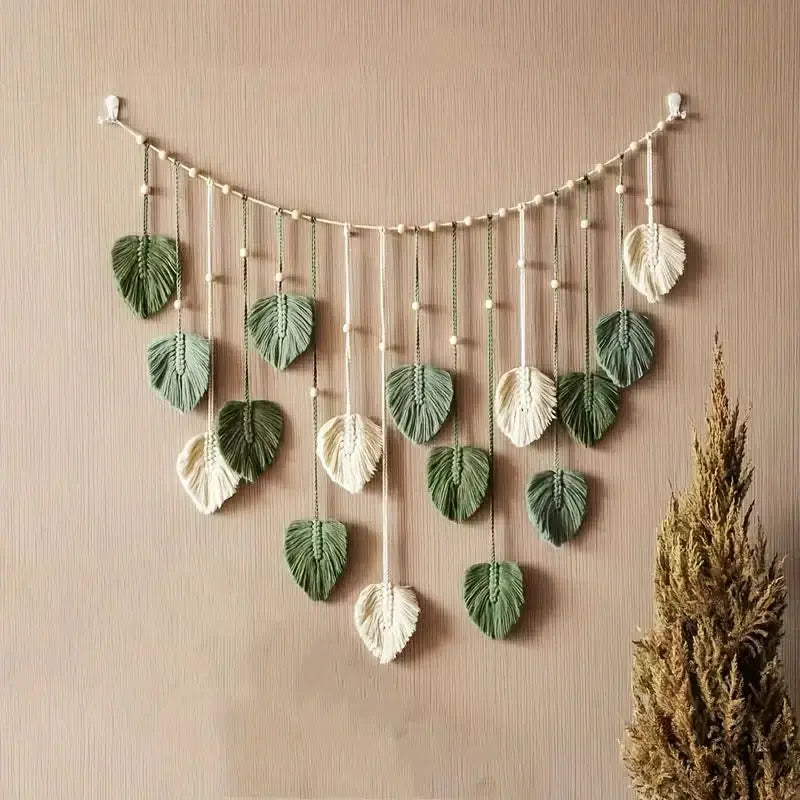 Boho Macramé Leaf Wall Hanging – Feather Tapestry Décor for Living Room or Bedroom