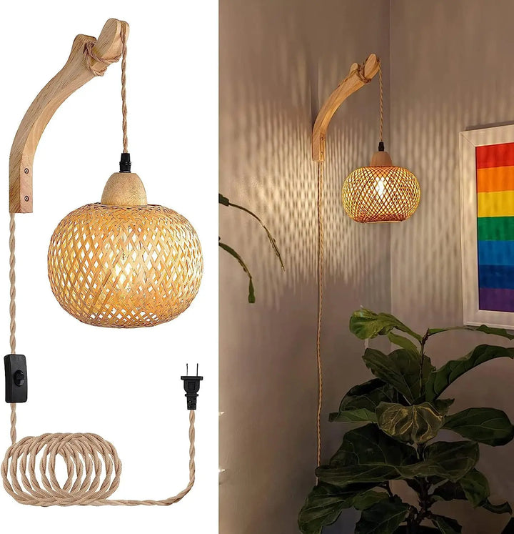 Bamboo Rattan Wall Lamp – Handwoven Natural Wicker Light Fixture with E27 Socket
