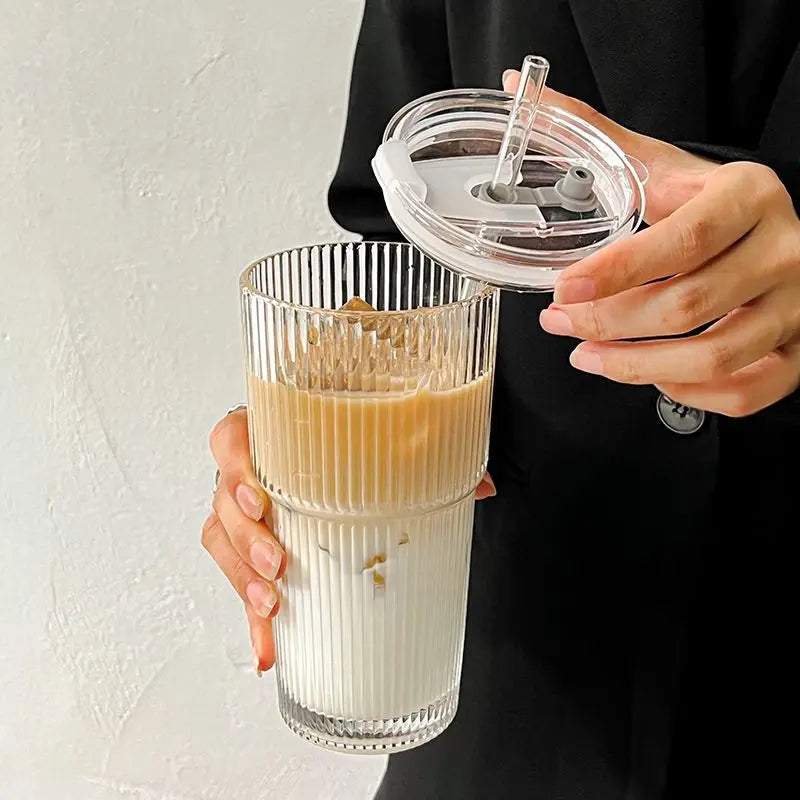 600ML Stripe Glass Coffee Cup with Lid and Straw – Transparent Drinking Glass for Juice, Milk, Tea, and Iced Coffee