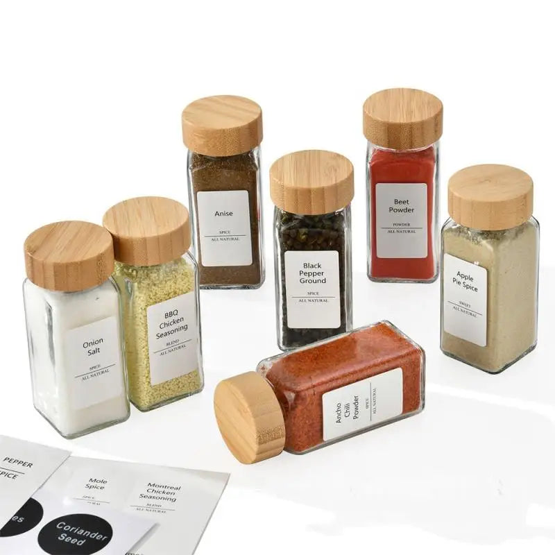 Glass Spice Jars with Bamboo Lids – Spice Seasoning Containers, Salt & Pepper Shakers, Spice Organizer Set
